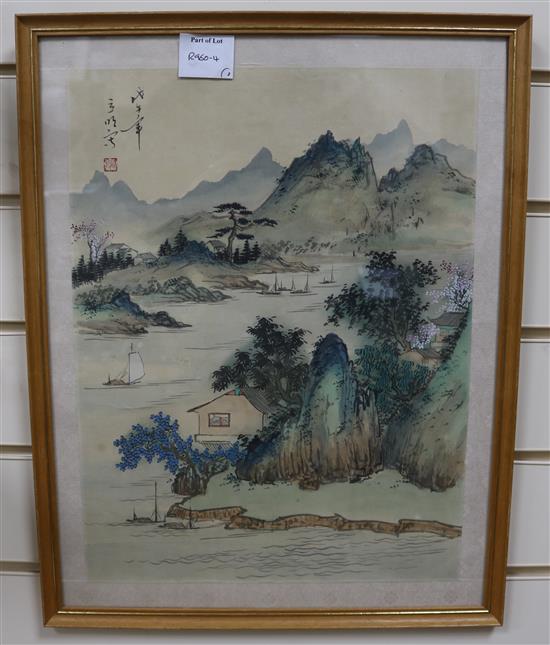 A Chinese watercolour, 40 x 30cm and a silkwork of cranes, 90 x 37cm